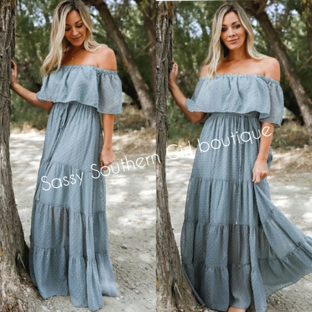 Hippie Soul Sky Blue Swiss Dot Off Shoulder Maxi Dress
